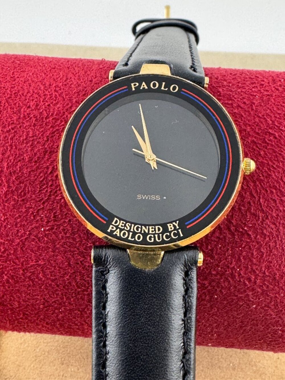 Vintage Paolo Gucci 18K Gold Plated Swiss Watch New Italian Black Strap